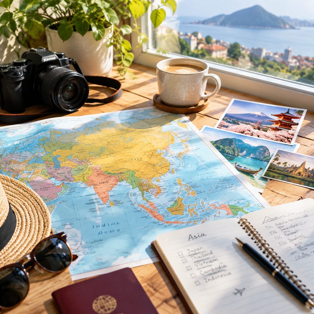 Travel planner at a bright desk with maps and notes
