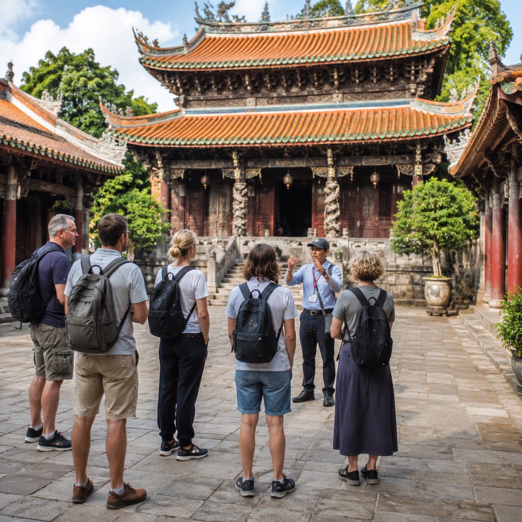 Small touring group listening to a local guide in a temple courtyard