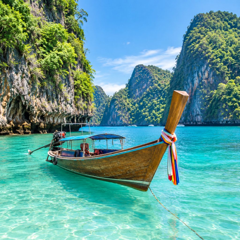 Longtail boat near limestone cliffs in Thailand