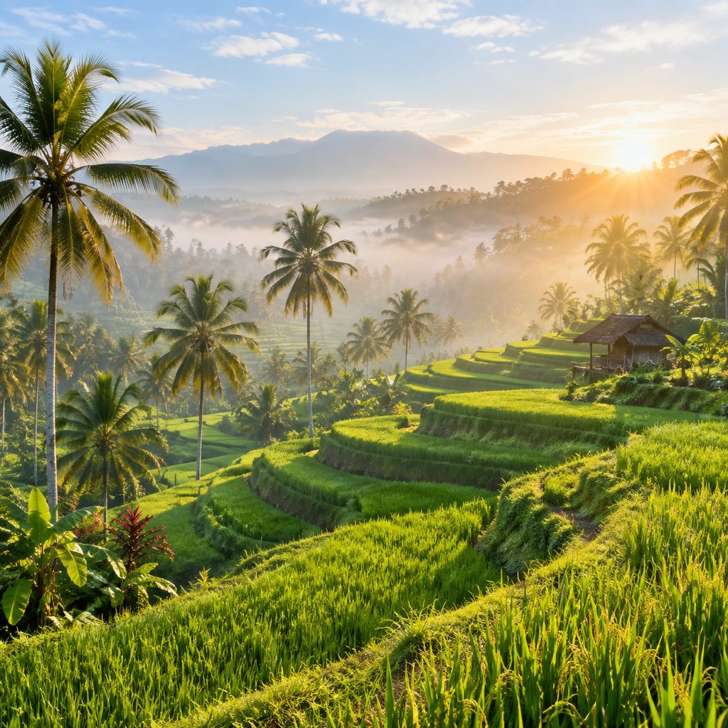 Terraced rice paddies in Bali morning mist