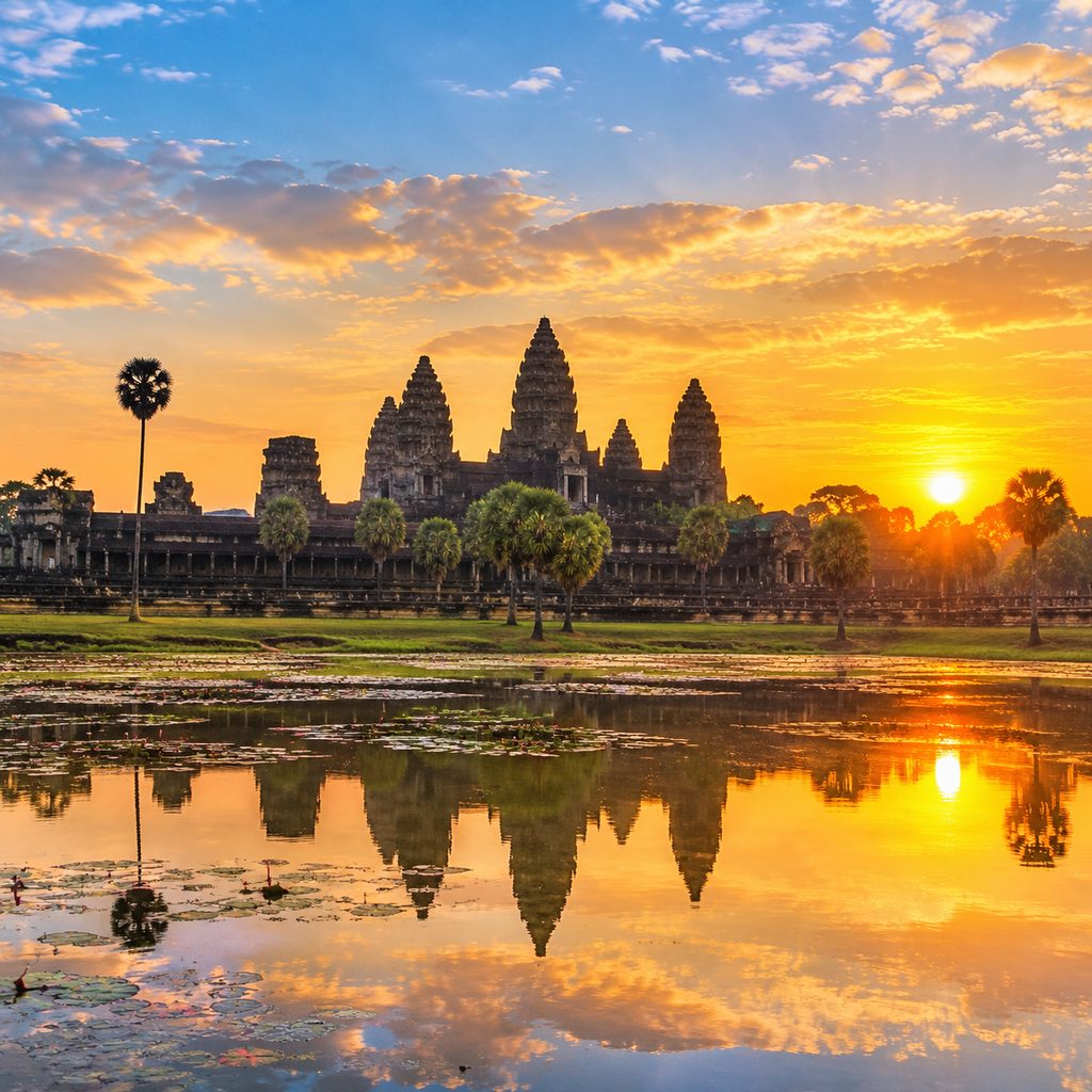 Ancient towers of Angkor at sunrise