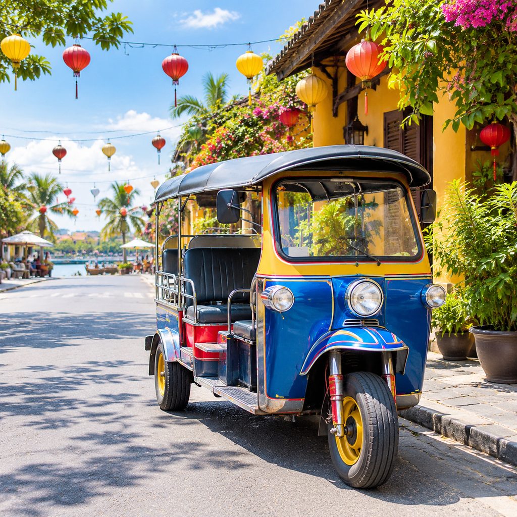 Local tuk-tuk waiting on a bright tropical street