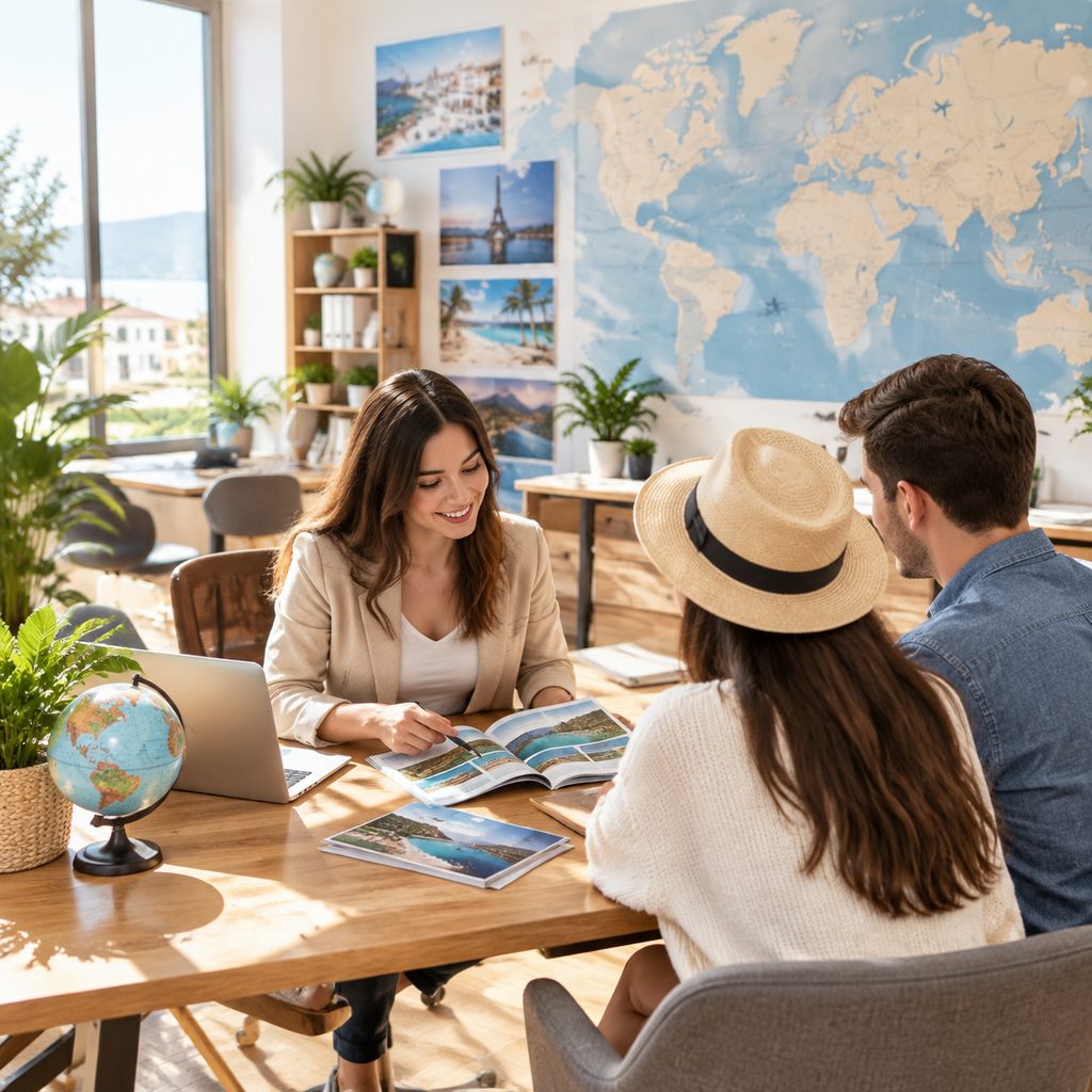 Bright modern travel agency office with world map and plants